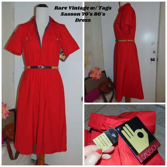 RARE Vintage NOS Sasson Hong Kong Red Cotton A-Line Belted Short Sleeved Dress - Picture 1 of 13